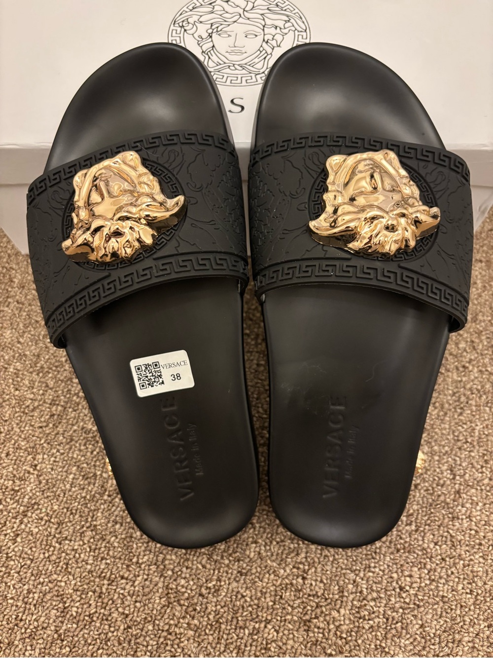 Versace Black Slide Sandals with Gold Medusa Plaques